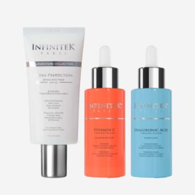 foto de kit essential de infinitek paris compuesto por protector solar ultra protection spf 50, vitamina c con silicio orgánico y ácido hialurónico con silicio orgánico