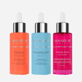 kit trio perfecto de infinitek paris, compuesto por vitamina c serum, acido hialuronico seum y crystal rose serum