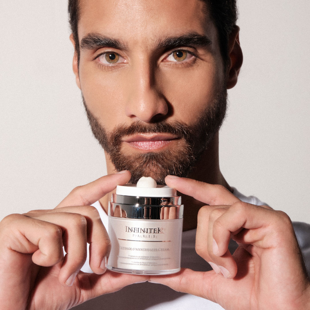 hombre modelo sosteniendo en sus manos una crema humectante retinol de infinitek paris, con cabello oscuro, cejas pobladas y barba organizada
