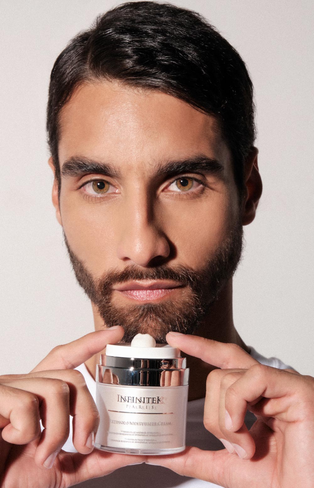 hombre modelo sosteniendo en sus manos una crema humectante retinol de infinitek paris, con cabello oscuro, cejas pobladas y barba organizada